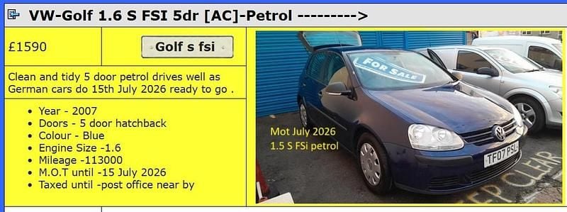 Blue Used 2007 VW Golf V S Hatchback | £1,590 (Fair price) - Image 1/4