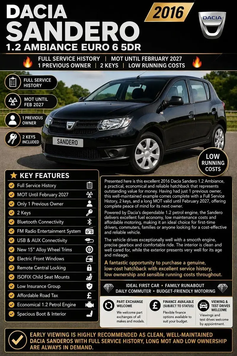 Used Dacia Sandero Ambiance 75 HP (55 kW) 2016 Black Hatchback