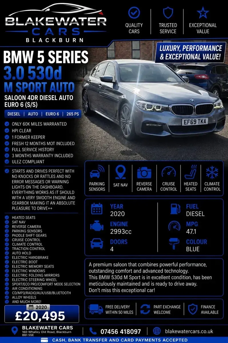 Used BMW 530 M Sport 265 HP (194 kW) 2020 Blue Sedan