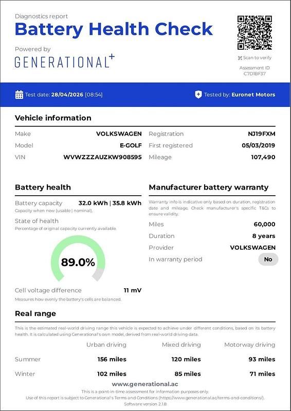 Usado VW e-Golf 100 kW (136 HP) 2019 Branco Citadino