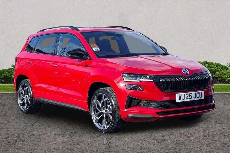 Velvet red metallic Used 2025 Skoda Karoq SportLine SUV | £29,929 (Fair price) - Image 1/3