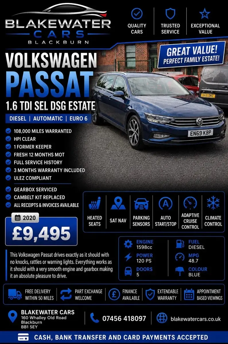 Used VW Passat SEL 120 HP (88 kW) 2020 Blue Estate