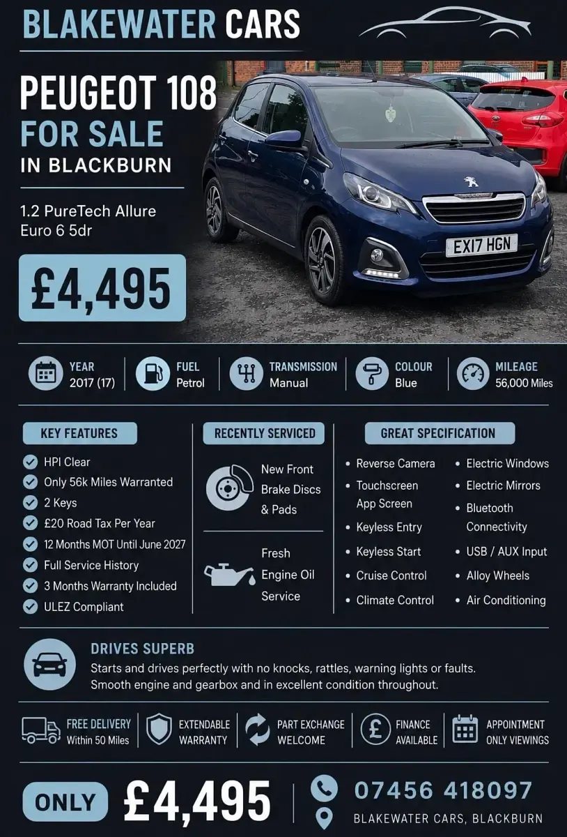 Used Peugeot 108 Allure 82 HP (60 kW) 2017 Blue Hatchback