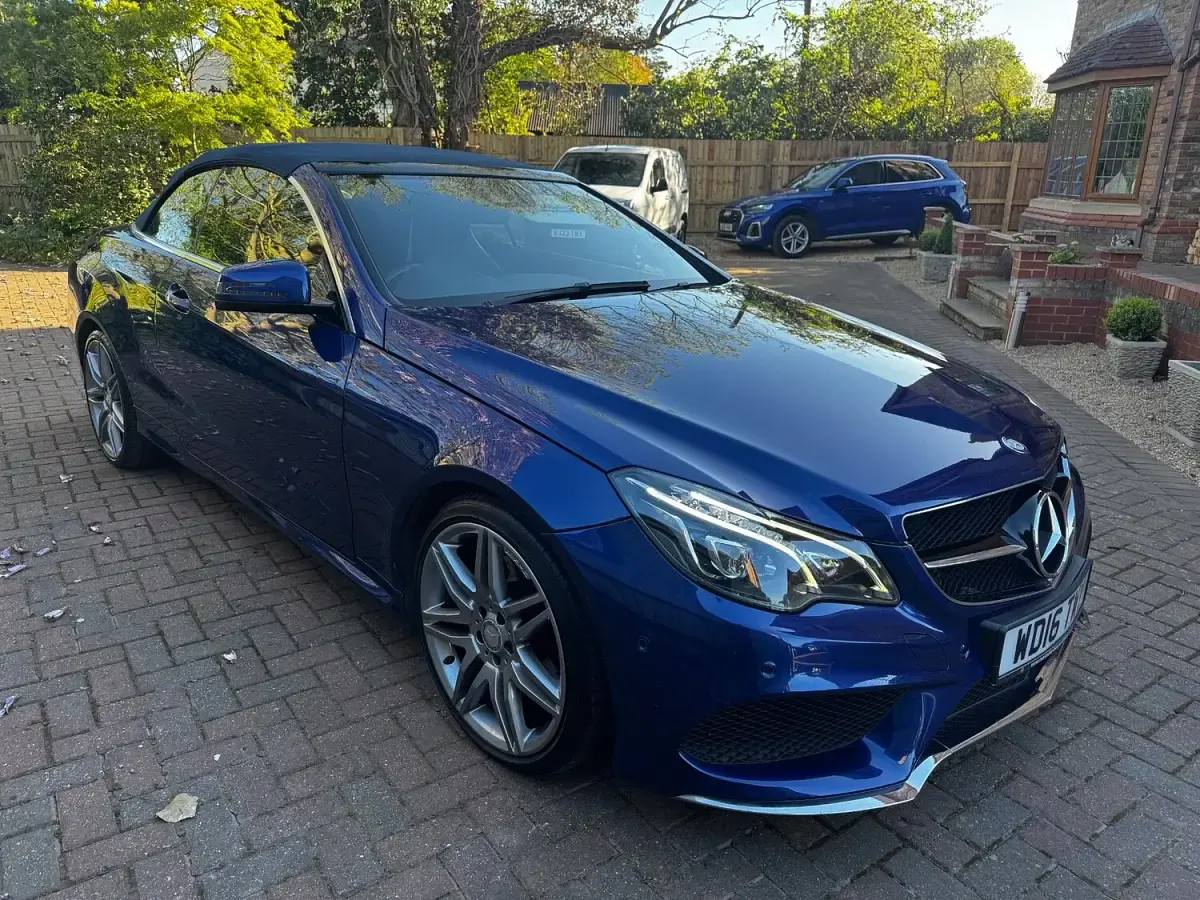 Used Mercedes E220 AMG line 177 HP (130 kW) 2016 Blue Cabriolet
