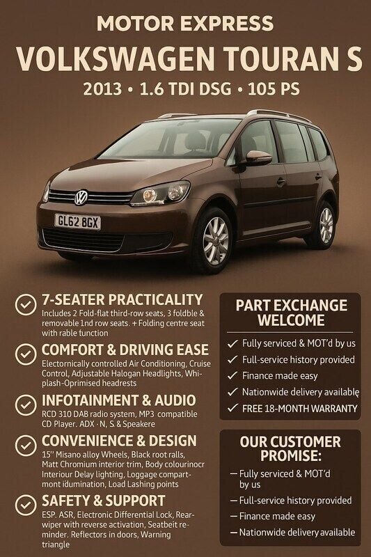 Brown Used 2013 VW Touran S MPV | £5,795 (Super price) - Image 1/4