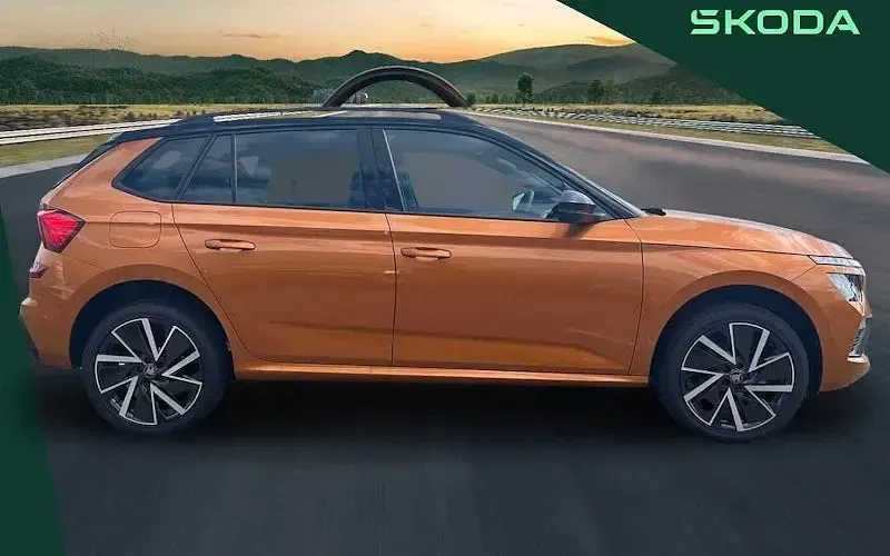 New Skoda Kamiq Design Edition 116 HP (85 kW) 2026 Phoenix orange metallic black magic pearl effect SUV