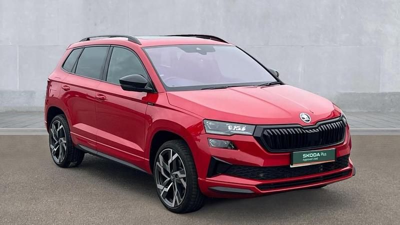 Velvet red metallic Used 2025 Skoda Karoq SportLine SUV | £29,960 (A bit pricey) - Image 1/4