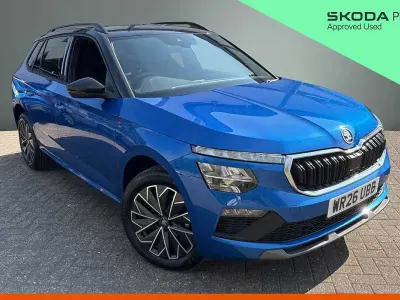 New Skoda Kamiq Design Edition 85 HP (62 kW) 2026 Race blue metallic black magic pearl effect SUV
