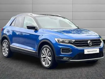 Used VW T-Roc SEL 150 HP (110 kW) 2020 Ravenna blue with black roof SUV